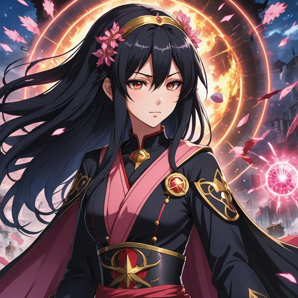 a woman in a black and pink outfit with long hair and a red cape on her head, standing in front of a circular background with fireworks, sots art, a detailed painting, Ai-Mitsu, official art