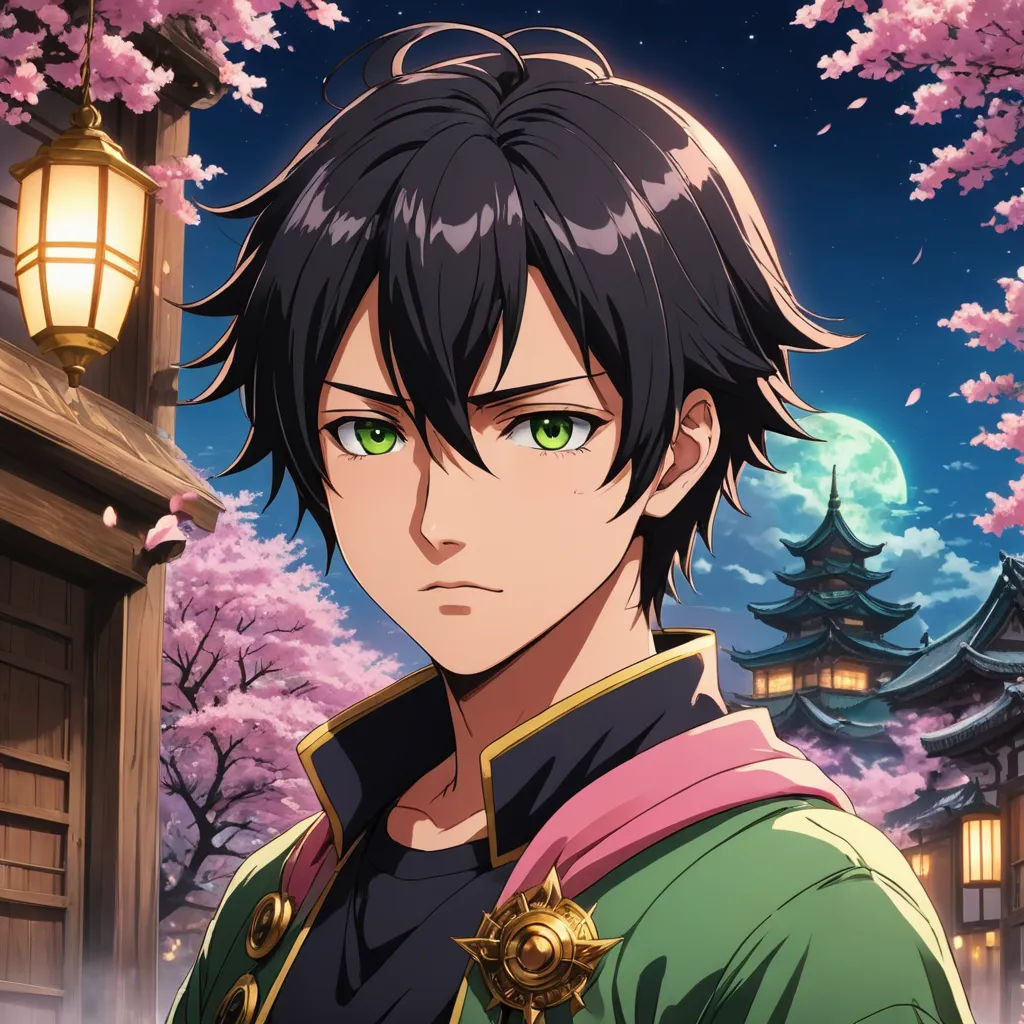 a man in a green jacket standing in front of a tree with pink flowers and a lantern in the background, aestheticism, a character portrait, Anne Said, official art