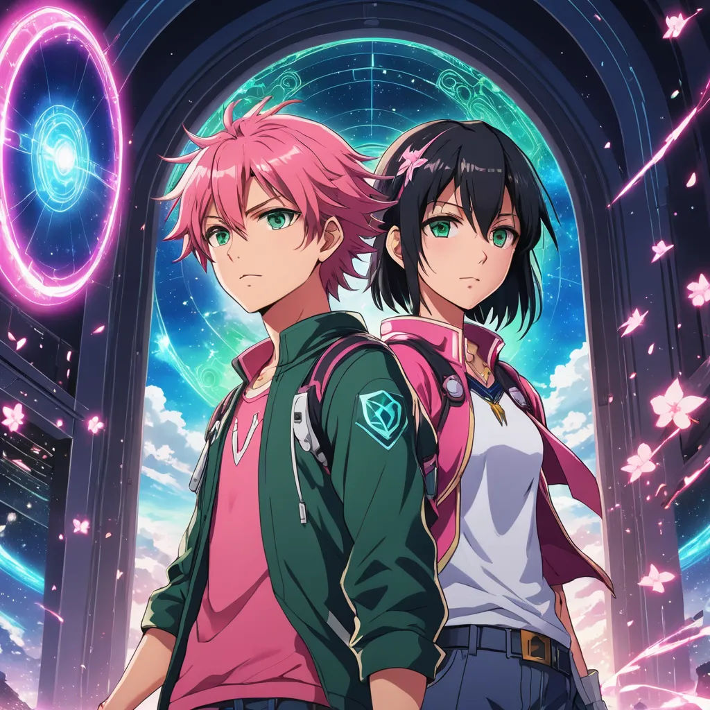 two anime characters standing in front of a doorway with a neon light in the background and a blue sky, holography, poster art, Ai-Mitsu, anime key visual