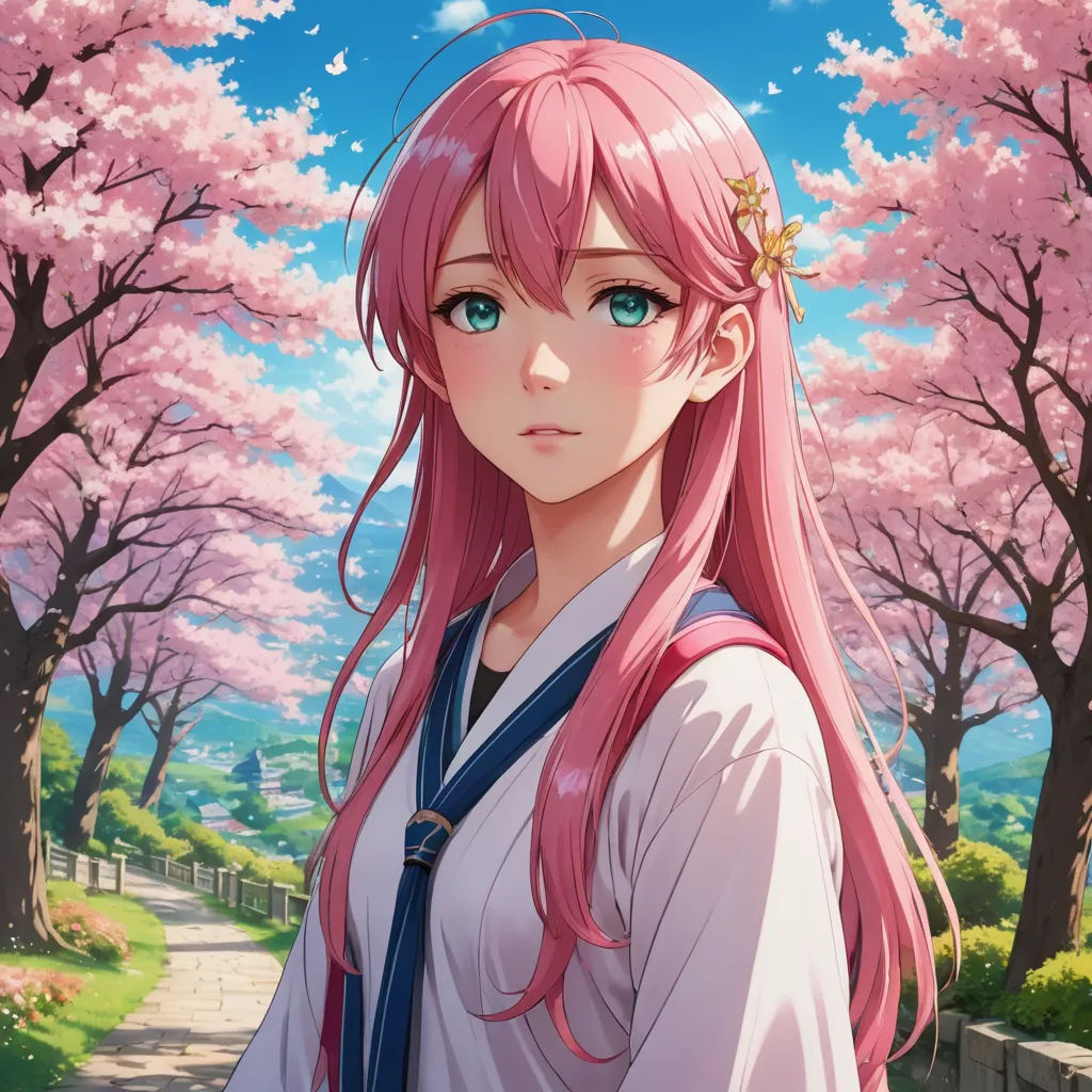 a girl with pink hair and blue eyes standing in front of a tree filled with pink flowers and a path, sots art, a character portrait, Chizuko Yoshida, official art