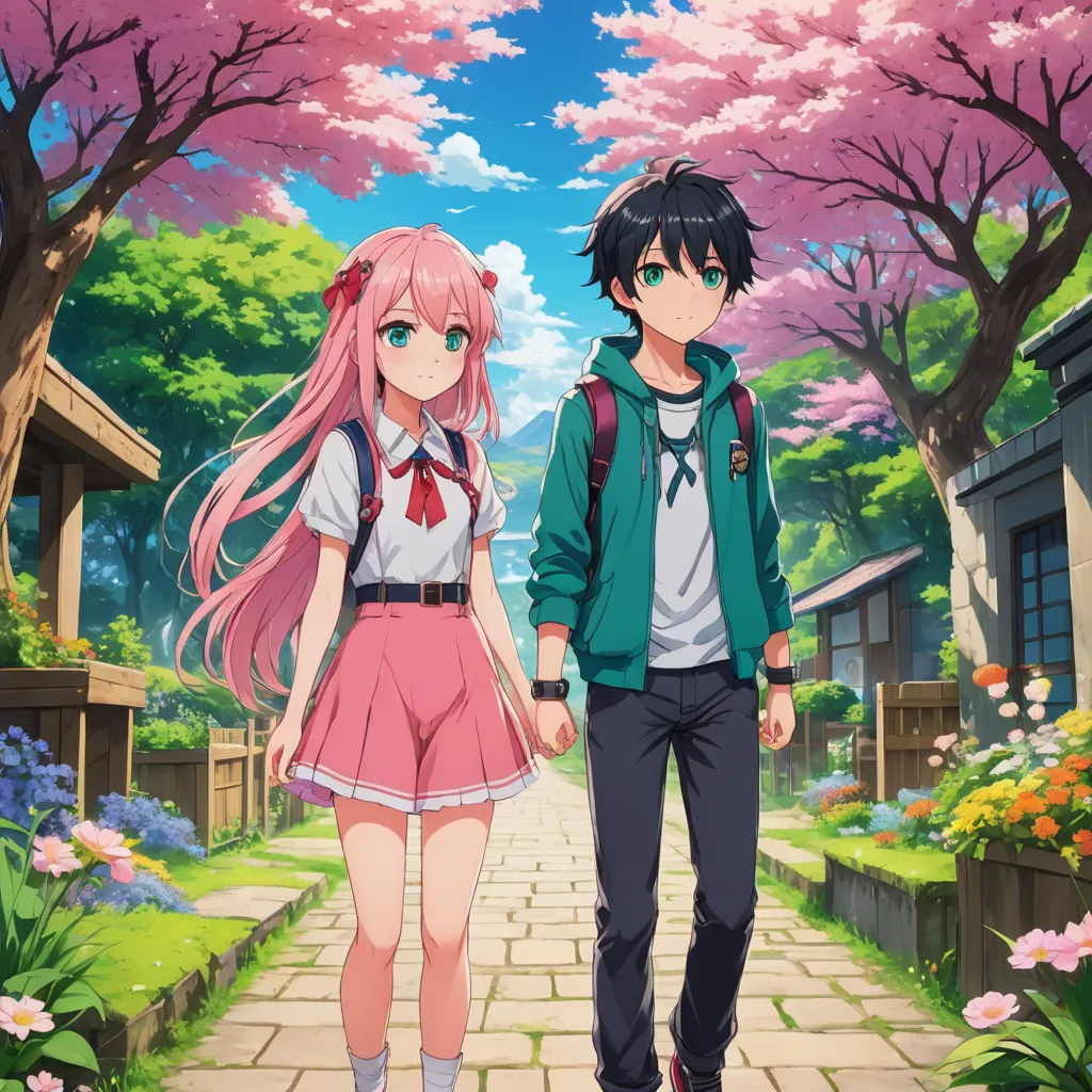 a couple of people walking down a street next to trees and flowers in the background of a park with pink flowers, sots art, poster art, Aya Goda, anime key visual