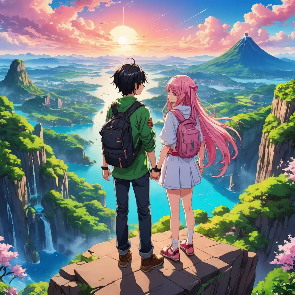 a couple of people standing on top of a cliff looking at the sky and mountains in the distance with a river below, neo-romanticism, poster art, Aya Goda, anime key visual