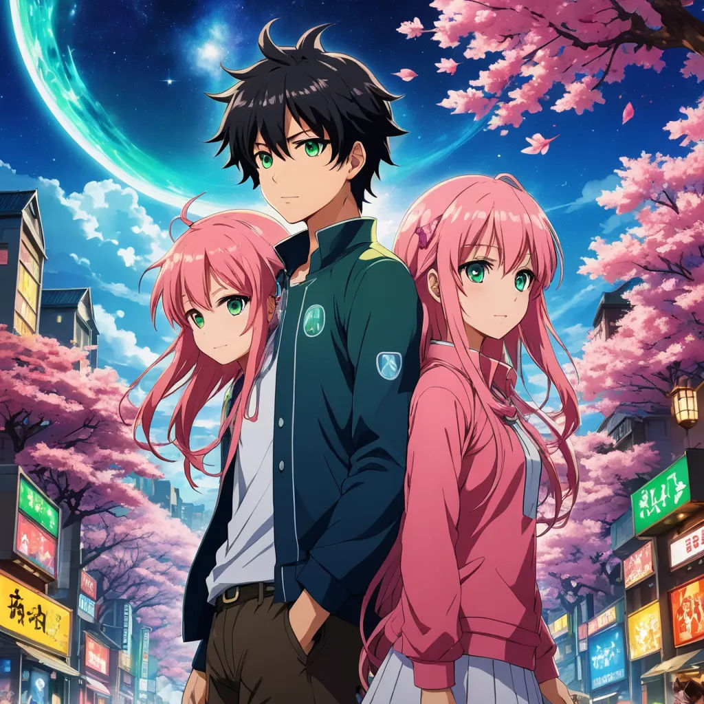 a couple of anime characters standing in front of a cityscape with a full moon in the background, rayonism, poster art, Aya Goda, anime key visual