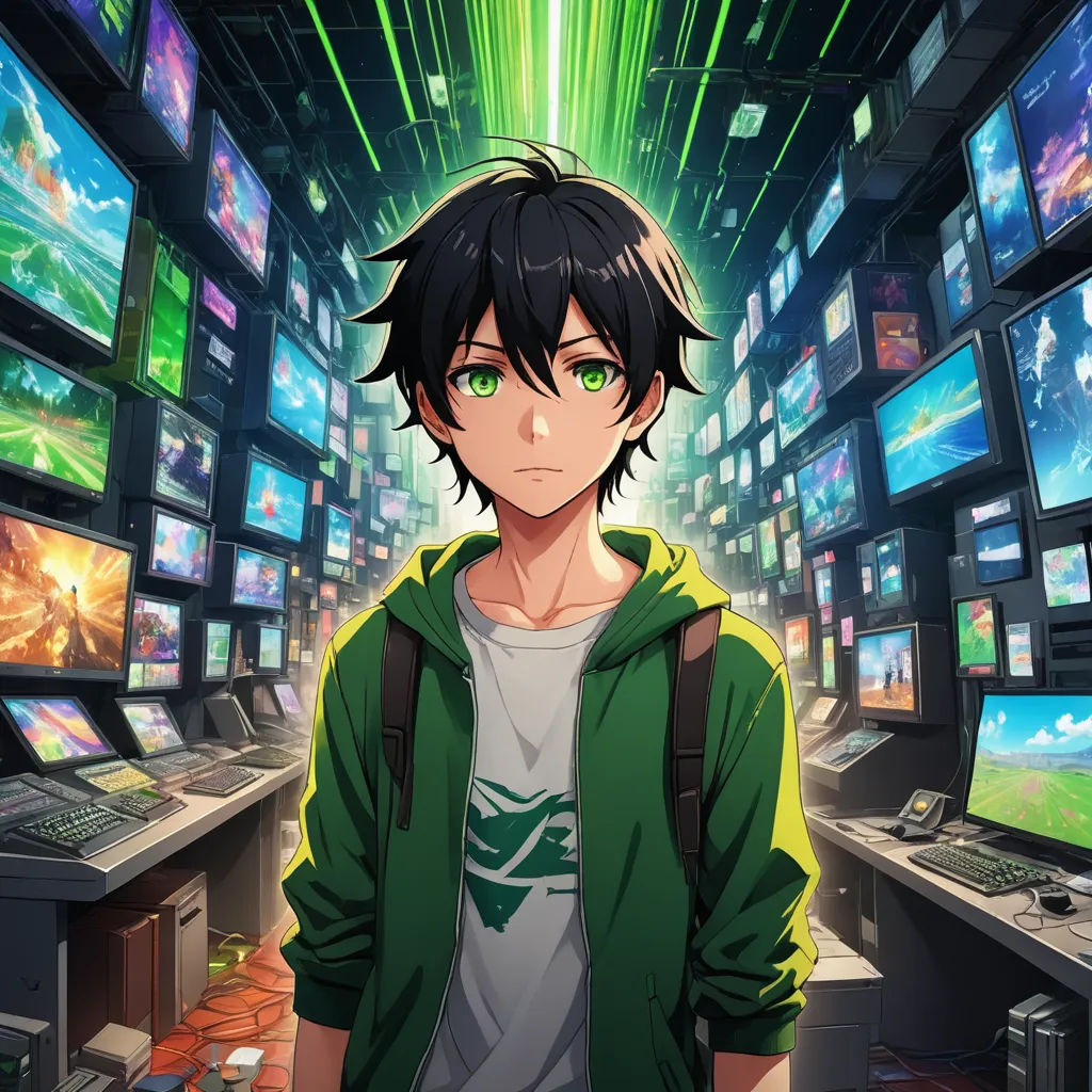 a young man standing in front of a room full of monitors and televisions with green eyes and a green hoodie, computer art, computer graphics, Ai-Mitsu, anime key visual