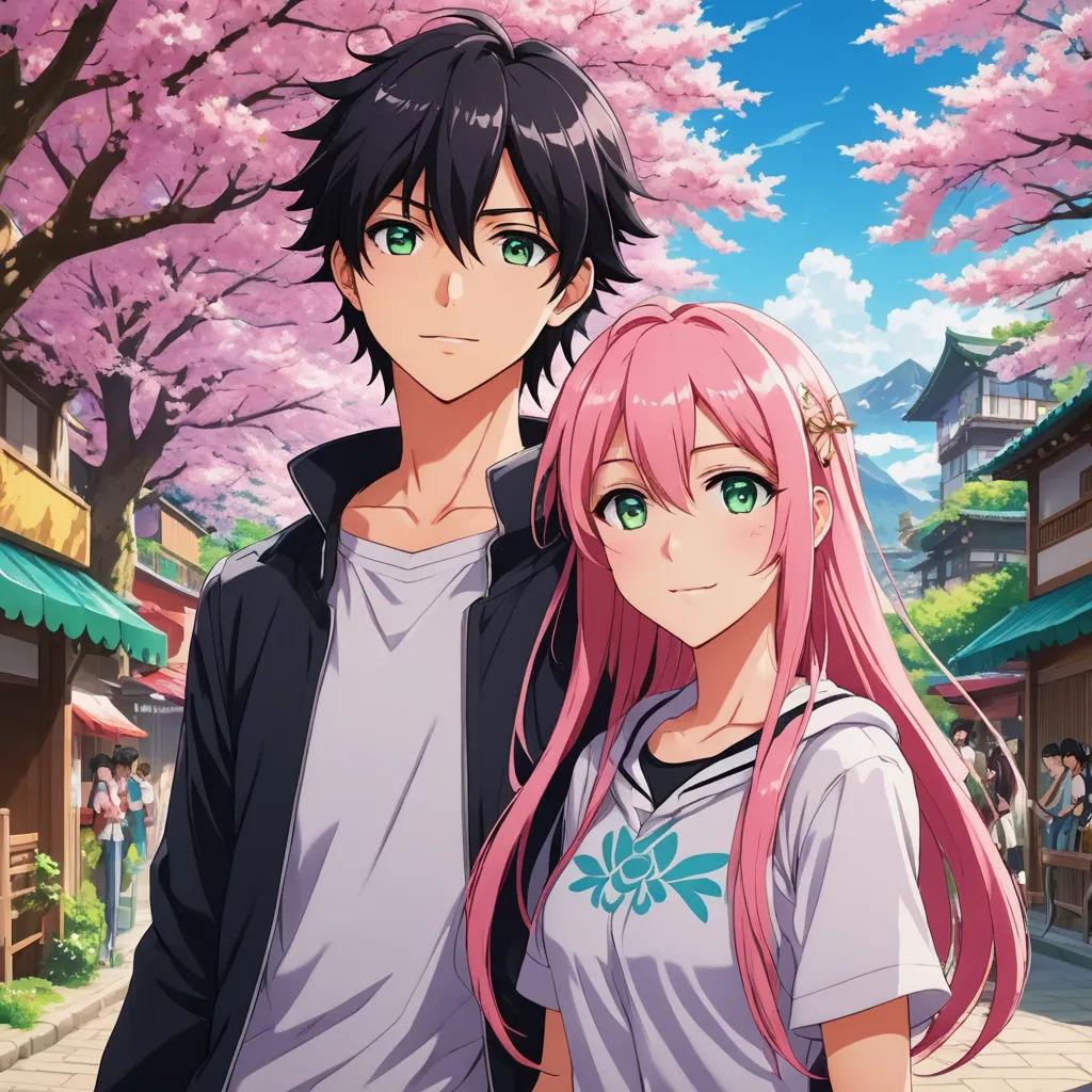 a couple of anime characters standing next to each other in front of a tree with pink flowers in bloom, sots art, concept art, Ai-Mitsu, official art