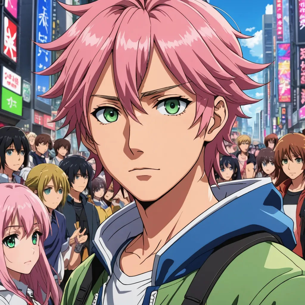 a group of people standing in front of a crowd of people in a city with signs and signs on the buildings, sots art, poster art, Ai-Mitsu, anime key visual