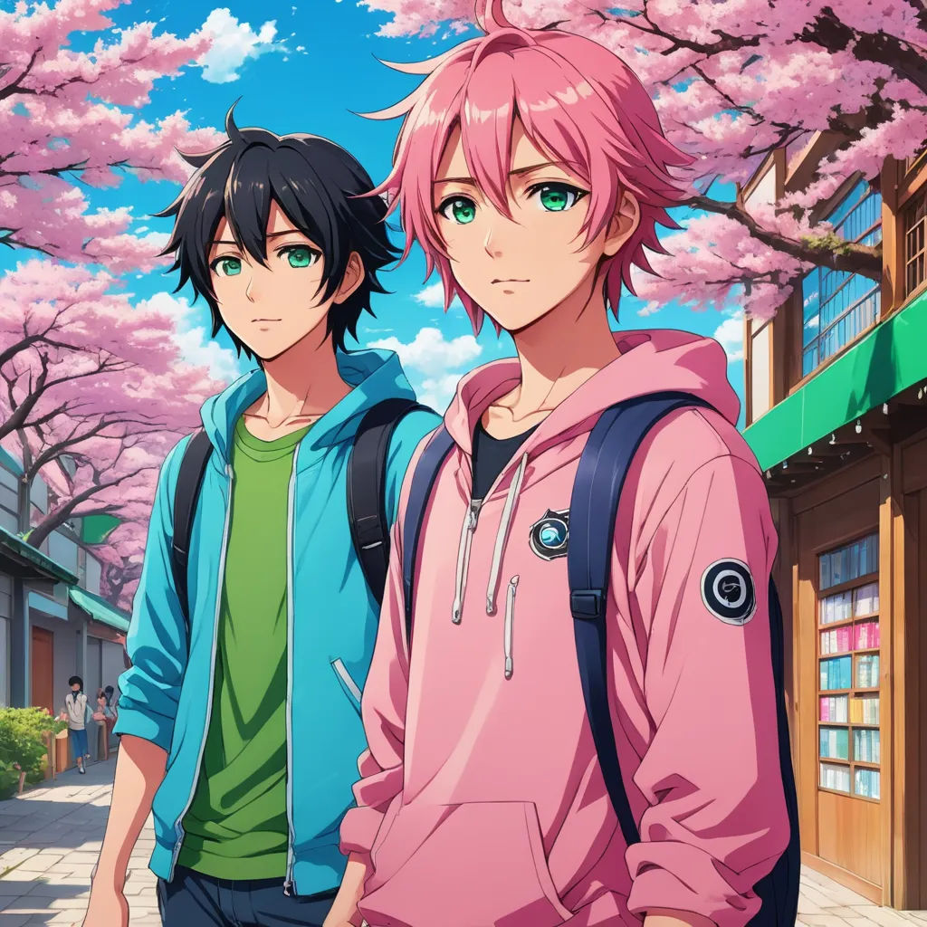 two people standing next to each other in front of a tree with pink flowers on it and a green roof, synchromism, an album cover, Ai-Mitsu, official art