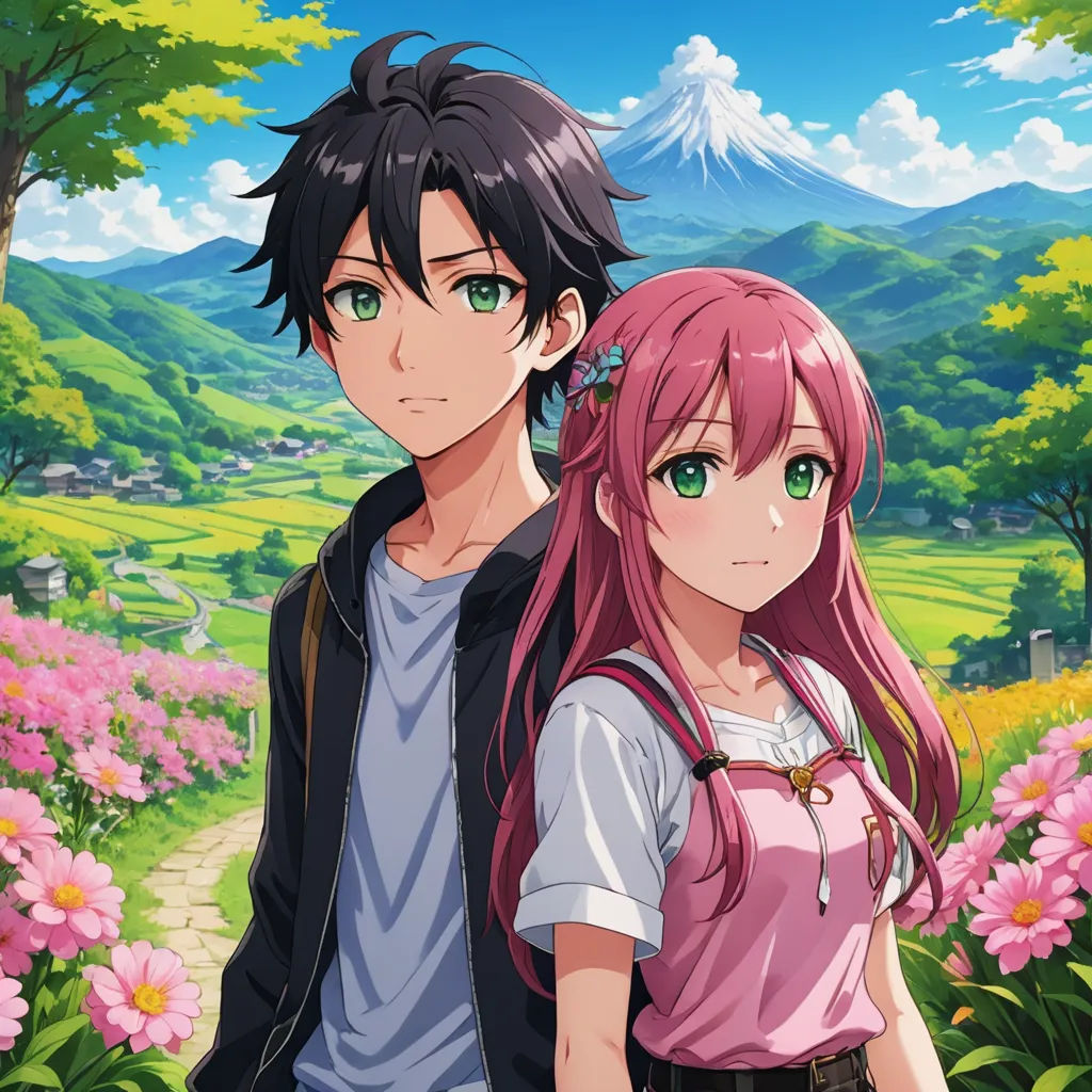 a couple of anime characters standing next to each other in a field of flowers and trees with a mountain in the background, sots art, an album cover, Anne Said, official art