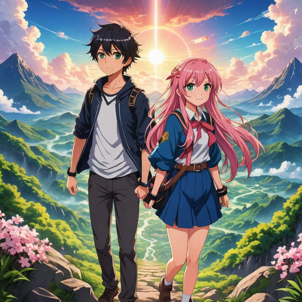 a couple of anime characters walking down a path in the mountains with a sunset in the background and a mountain range in the background, neo-romanticism, poster art, Aya Goda, anime key visual