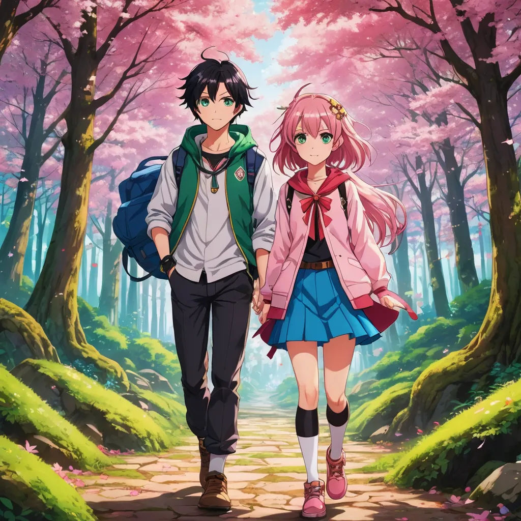 a couple of people walking down a path in the woods with trees in the background and a pink sky, sots art, poster art, Aya Goda, official art