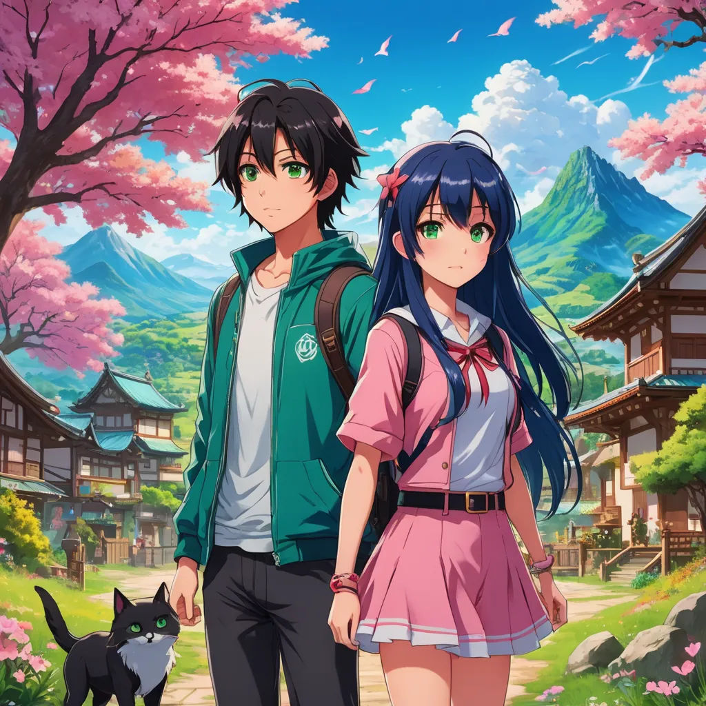a couple of people standing next to each other near a cat and a tree with pink flowers on it, cloisonnism, poster art, Ai-Mitsu, anime key visual