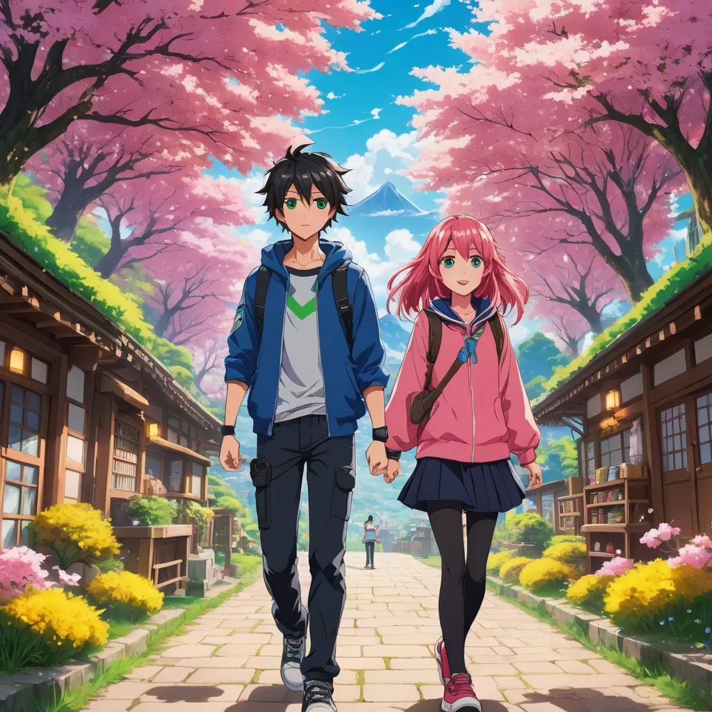 a couple of people walking down a street next to trees and flowers in the background of a picture of a man and woman, cloisonnism, poster art, Aya Goda, anime key visual