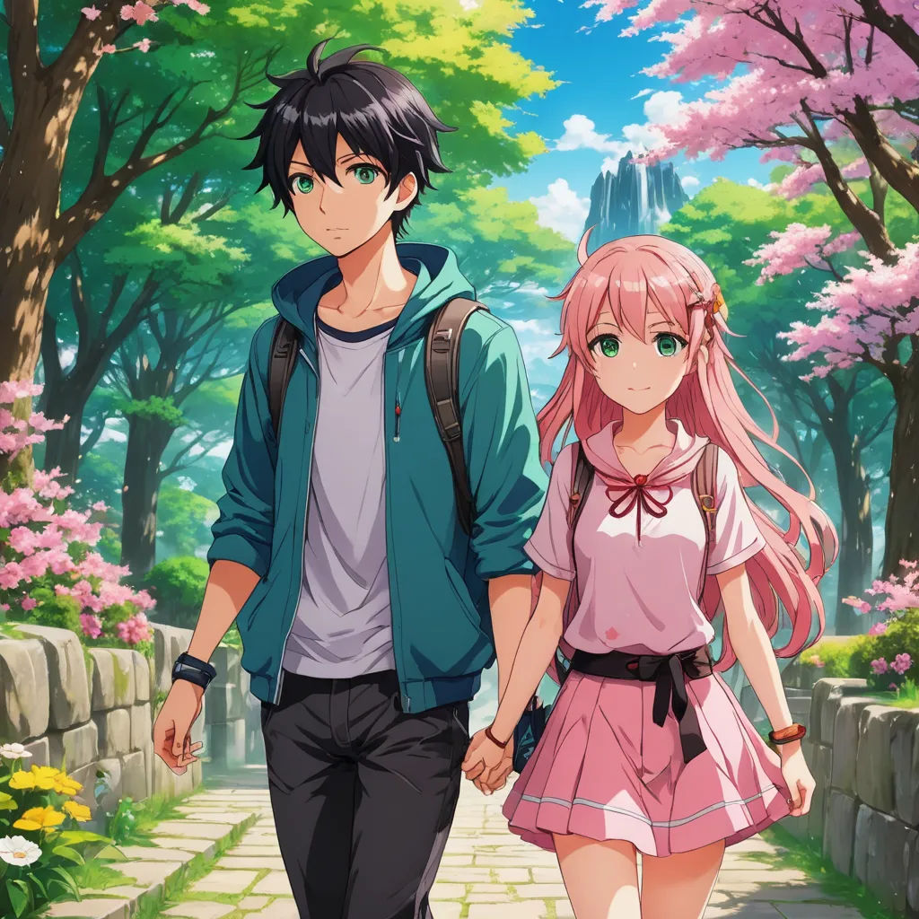 a man and a woman walking down a path in a park with pink flowers on the trees and a stone wall, sots art, concept art, Aya Goda, official art