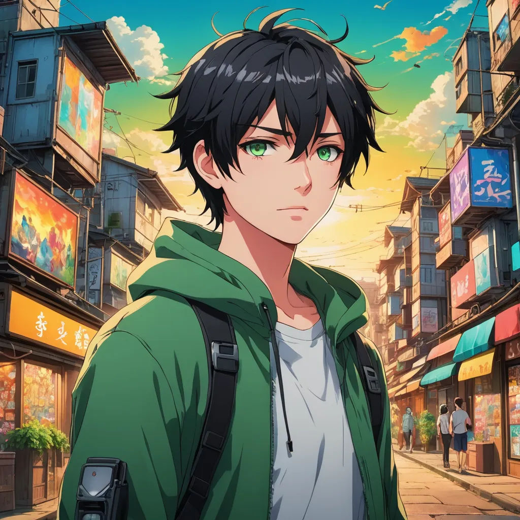 a man with a backpack standing in front of a city street with buildings and signs on it's sides, aestheticism, a character portrait, Cedric Seaut (Keos Masons), anime key visual