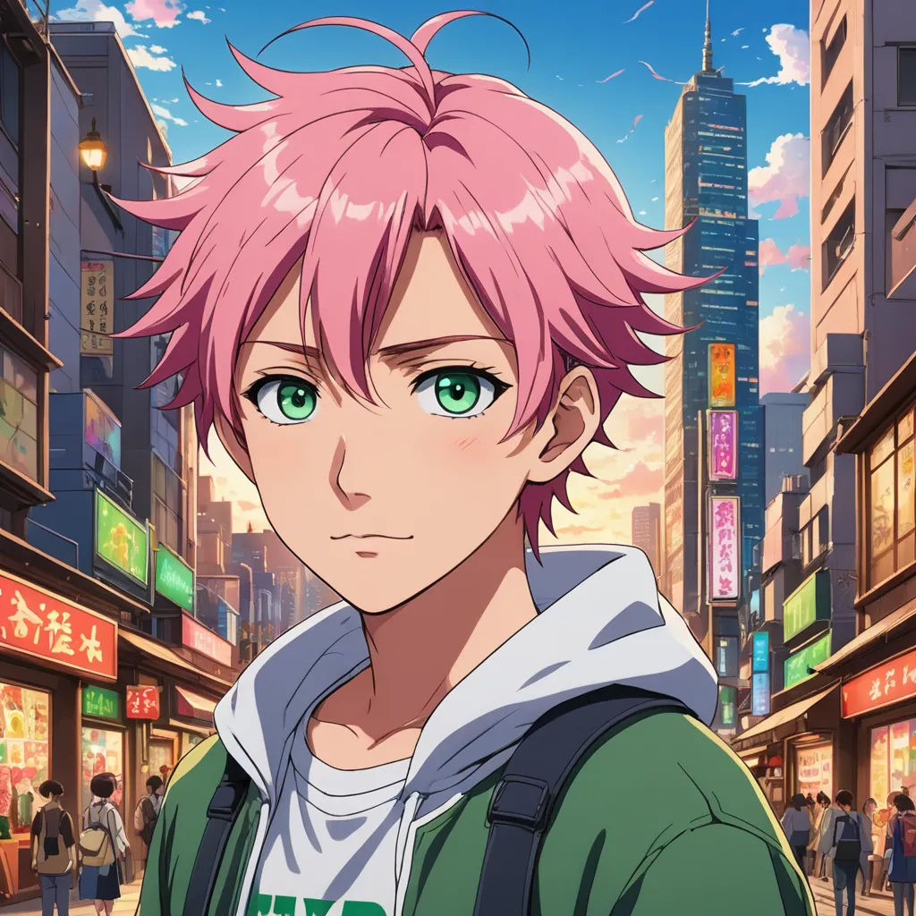 a man with pink hair and green eyes in a city street with buildings and people in the background,, sots art, a character portrait, Adam Manyoki, official art