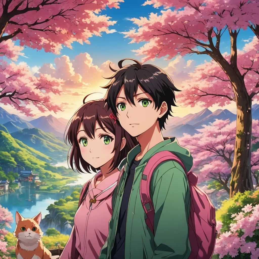 a couple of people standing in front of a forest with flowers and trees in the background and a cat on the ground, sots art, poster art, Ai-Mitsu, anime key visual