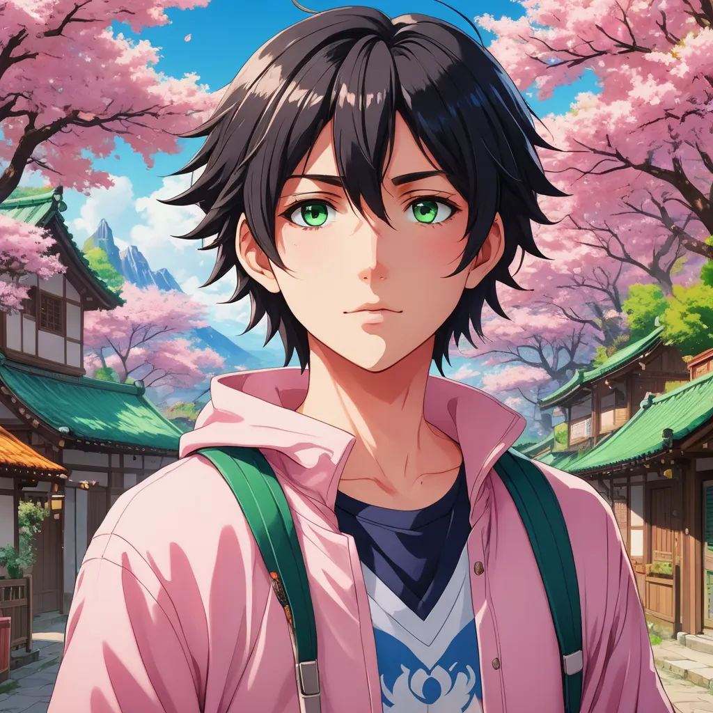 a man with a backpack standing in front of a tree with pink flowers on it and a building with a green roof, sots art, a character portrait, Cedric Seaut (Keos Masons), official art