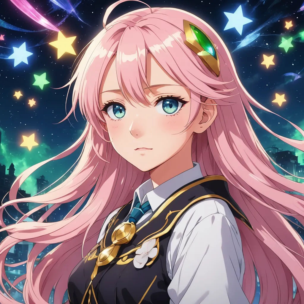 a girl with pink hair and blue eyes in a dress with stars around her head and a green eye, sots art, a character portrait, Chizuko Yoshida, official art