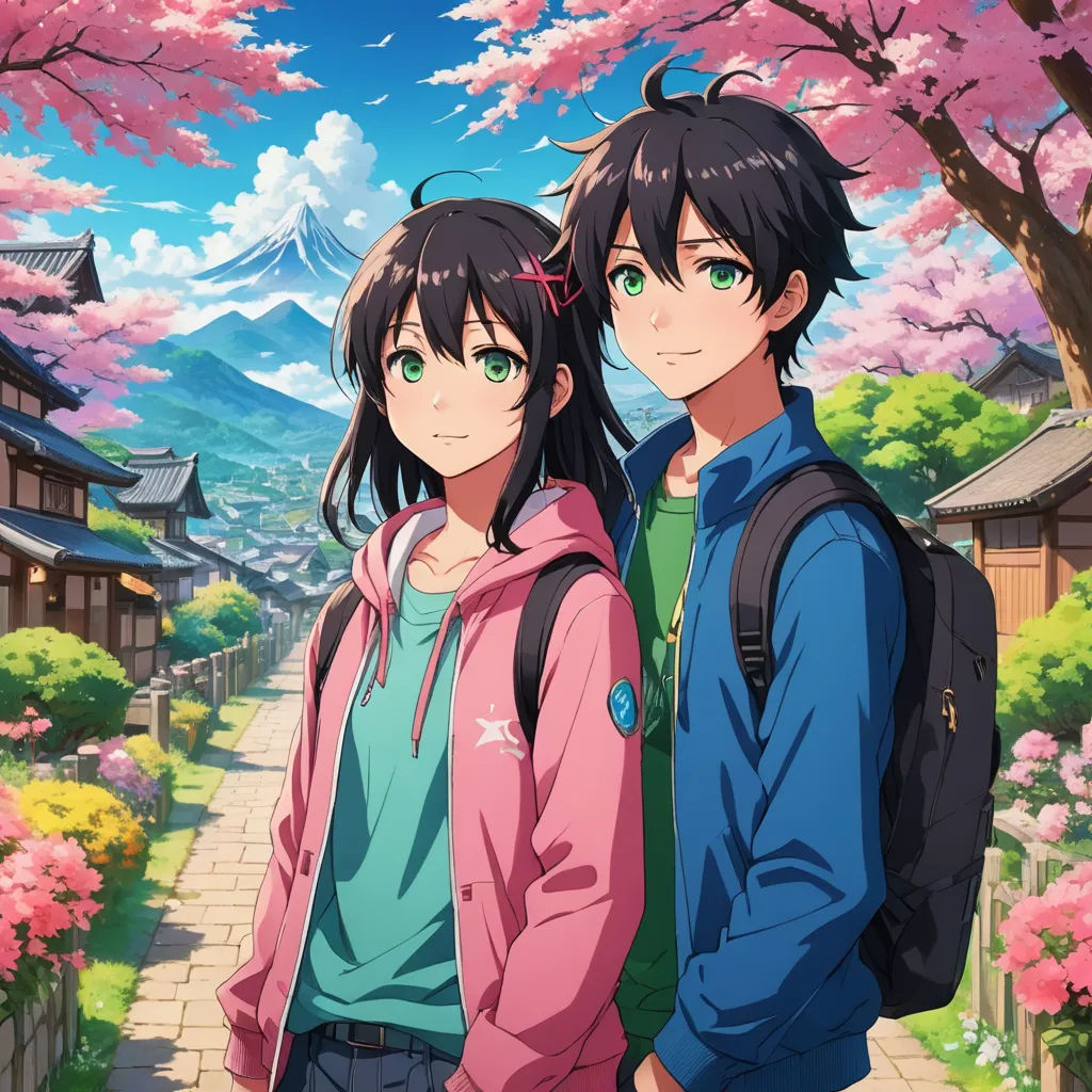 a couple of people standing next to each other near a tree with pink flowers on it and a mountain in the background, sots art, computer graphics, Ai-Mitsu, official art