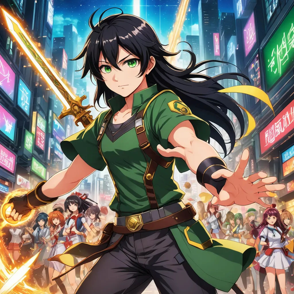 a woman in a green outfit holding a sword in front of a crowd of people in a city at night, rayonism, concept art, Ai-Mitsu, official art