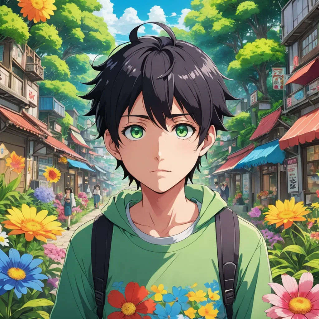 a man with a backpack standing in front of flowers and buildings in a city with a sky background and a sunflower, sots art, a character portrait, Adam Manyoki, official art