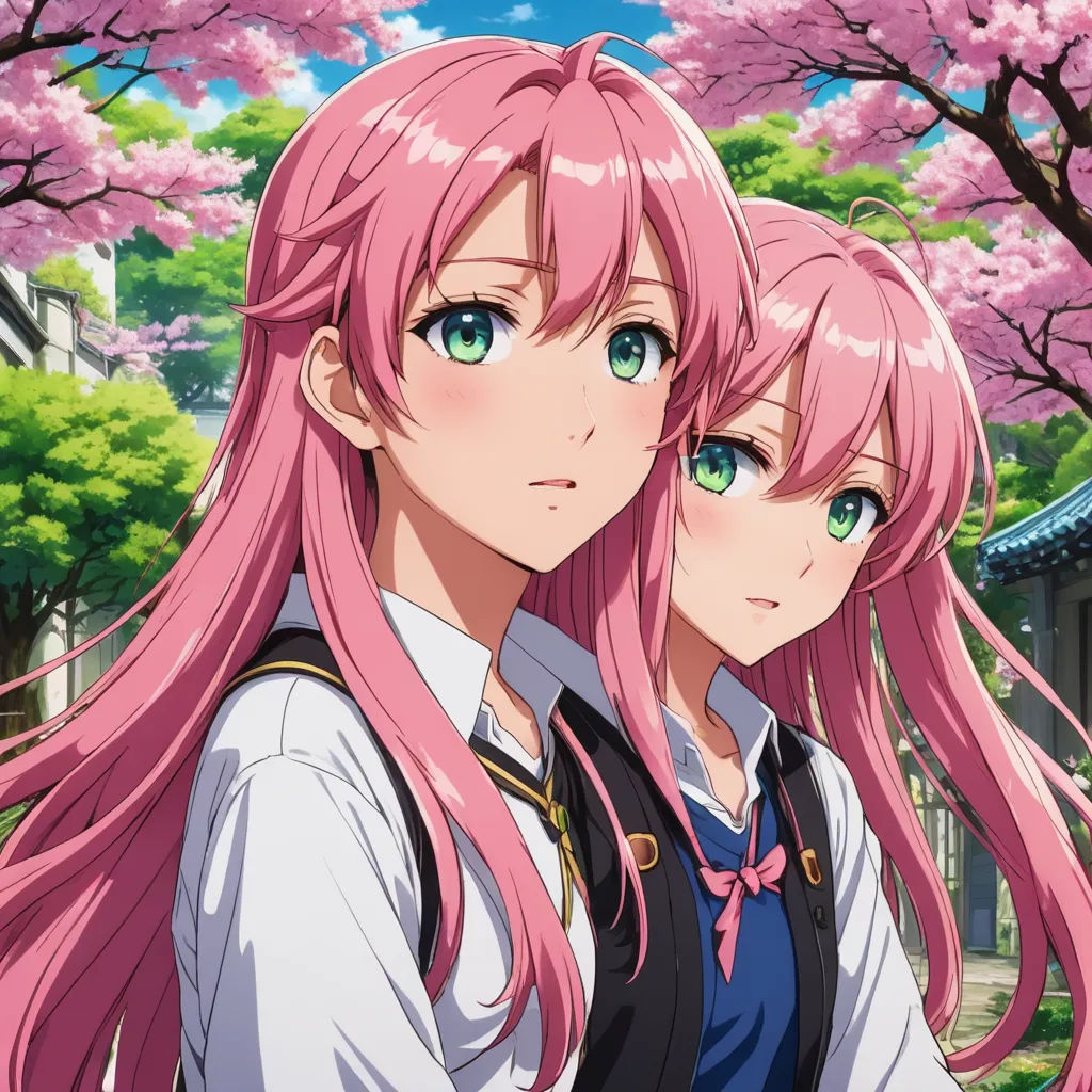 two anime girls with pink hair and green eyes standing in front of a tree with pink flowers in the background, sots art, concept art, Aguri Uchida, official art