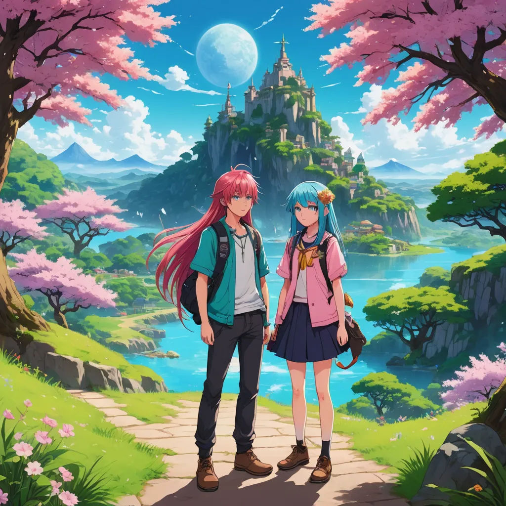 two anime characters standing on a path in front of a castle with pink flowers and trees in the background, neo-romanticism, poster art, Aya Goda, key art