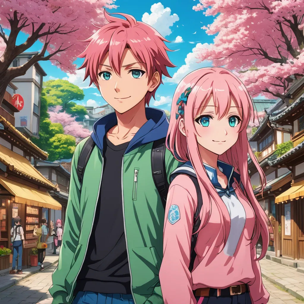 a couple of people standing next to each other on a street with cherry trees in the background and a sky with clouds, rayonism, concept art, Ai-Mitsu, official art