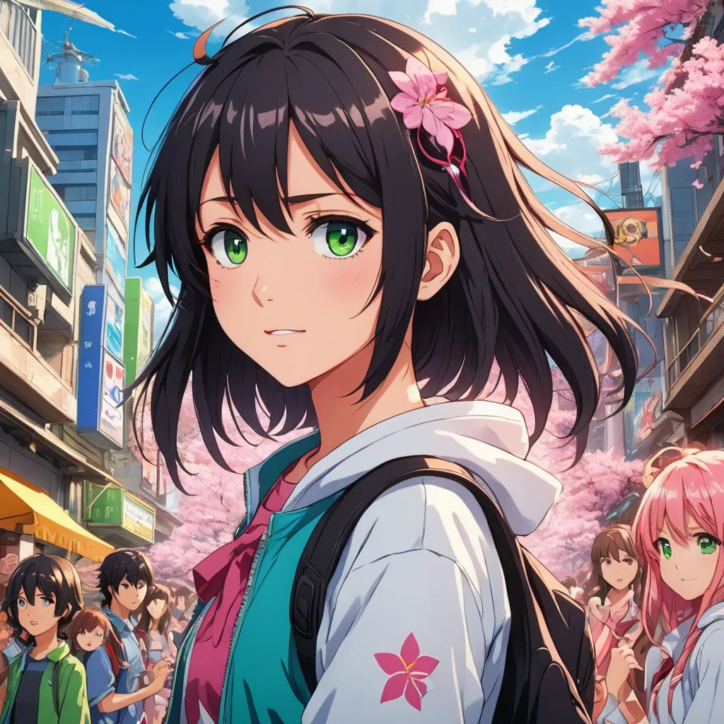 a girl with long hair and green eyes stands in front of a crowd of people in a city street, cloisonnism, poster art, Ai-Mitsu, anime key visual
