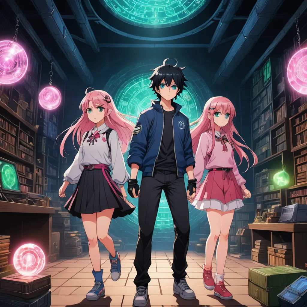 a group of anime characters standing in a library with bookshelves and lights above them and a neon light in the background, rayonism, poster art, Eden Box, anime key visual