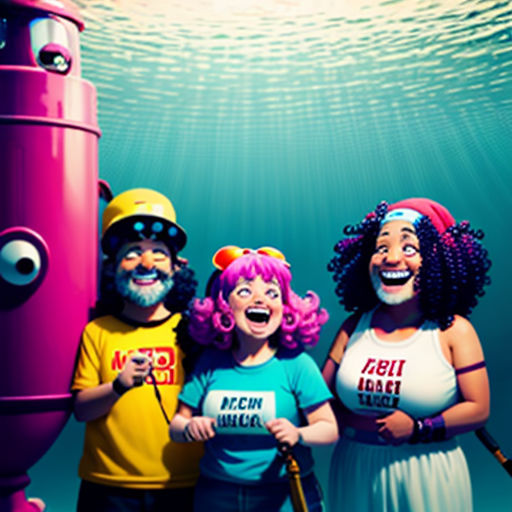 a group of people standing next to a pink robot in the ocean with a man in the background and a woman in the foreground