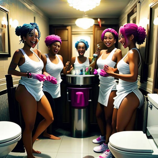 a group of women in white bathing suits in a bathroom with a trash can and a toilet in the background
