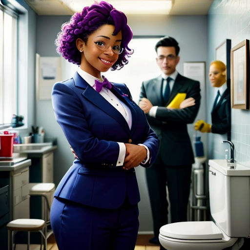 a woman in a suit and tie standing in a bathroom with a man in the background wearing a suit
