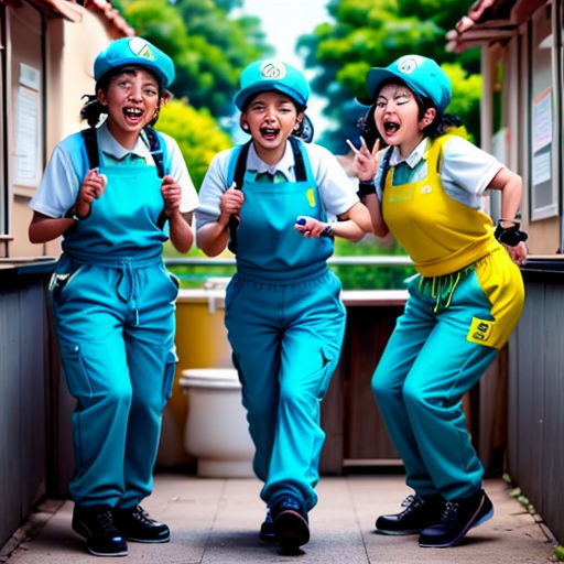 three women in blue overalls and yellow aprons are laughing and laughing together outside a building with a toilet