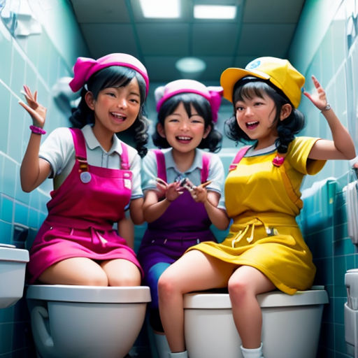 three girls sitting on a toilet in a bathroom with blue tiles on the walls and a blue tiled floor