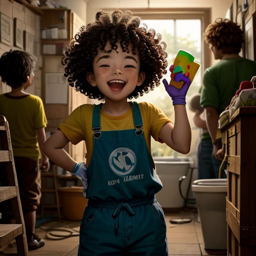 a child with curly hair holding a cup and smiling in a kitchen with other children in the background and a child in the foreground
