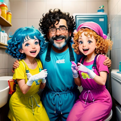 a man and two children are posing for a picture in a bathroom with a sink and toilet in the background