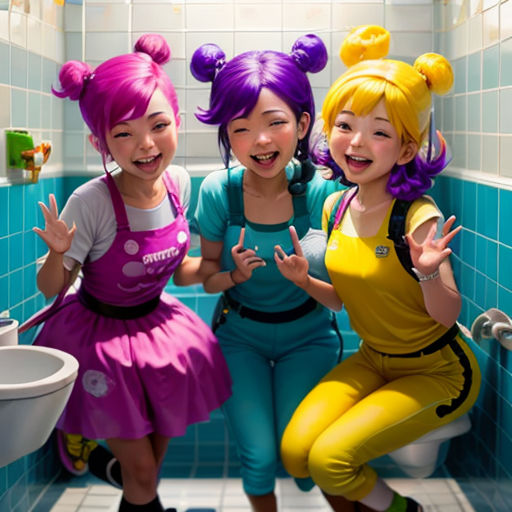 three girls in a bathroom with blue tiles and a toilet with a blue wall and a blue tiled floor