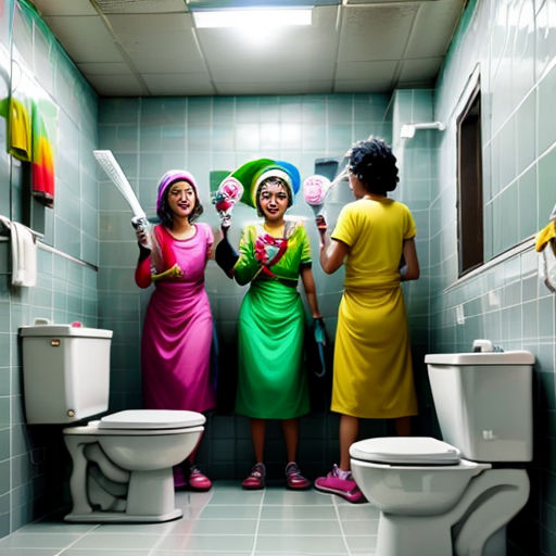 three women in colorful dresses standing in a bathroom with a toilet and a sink and a mirror above them