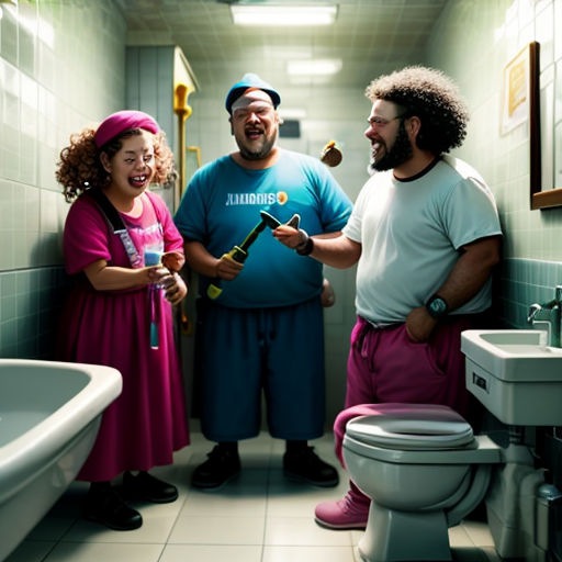 a man and two girls in a bathroom with a man holding a hammer and a girl holding a hammer