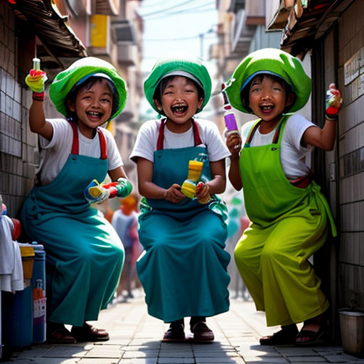 three young girls in green hats and aprons are smiling and holding ice cream cones in their hands while standing on a narrow street