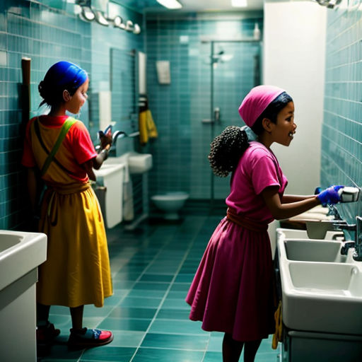 two girls in a bathroom with blue tiles and a sink and a mirror with a light on it and a blue tiled wall