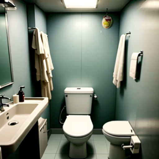 a bathroom with a toilet, sink, mirror and towel rack in it's corner and a mirror above the toilet