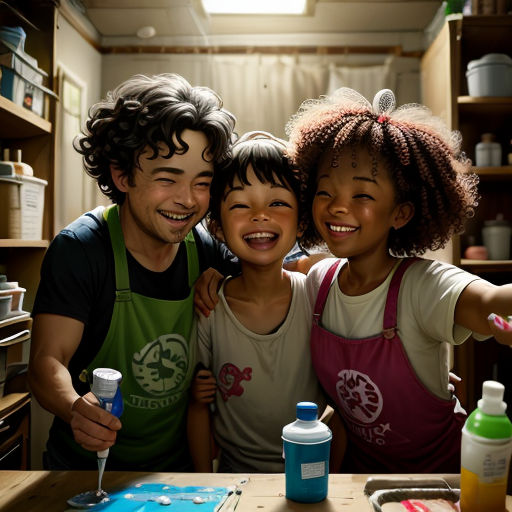 three children are smiling while posing for a picture together in a kitchen with a cake on the table and a bottle of water