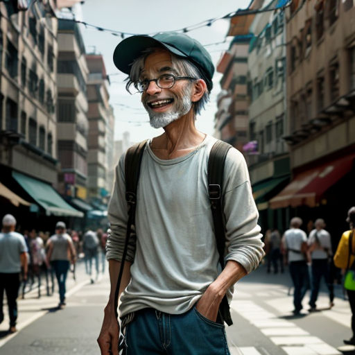 a man with a beard and glasses standing on a street with a backpack on his back and a hat on his head