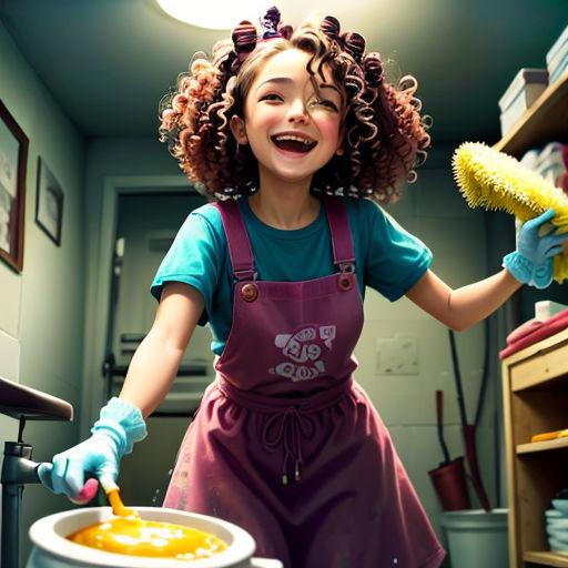 a young girl in a kitchen cleaning a bowl of food with a brush and sponges on the floor