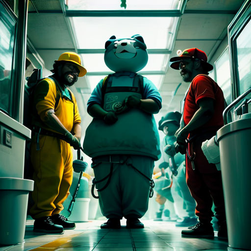 a group of people standing around a panda bear mascot in a hallway with other people in costumes around them