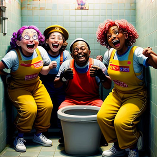 a group of people in a bathroom with a toilet and a bucket in the middle of the floor and a woman in the middle of the bathroom