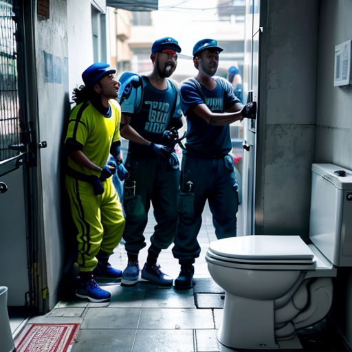 three men in blue and yellow uniforms standing in a doorway of a bathroom with a toilet and a rug