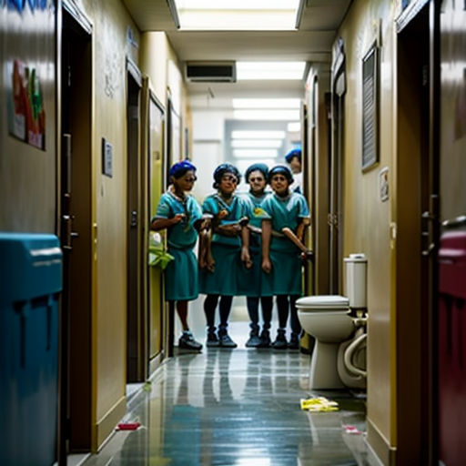 a group of young people standing in a hallway next to a toilet and trash can in a hallway with a skylight